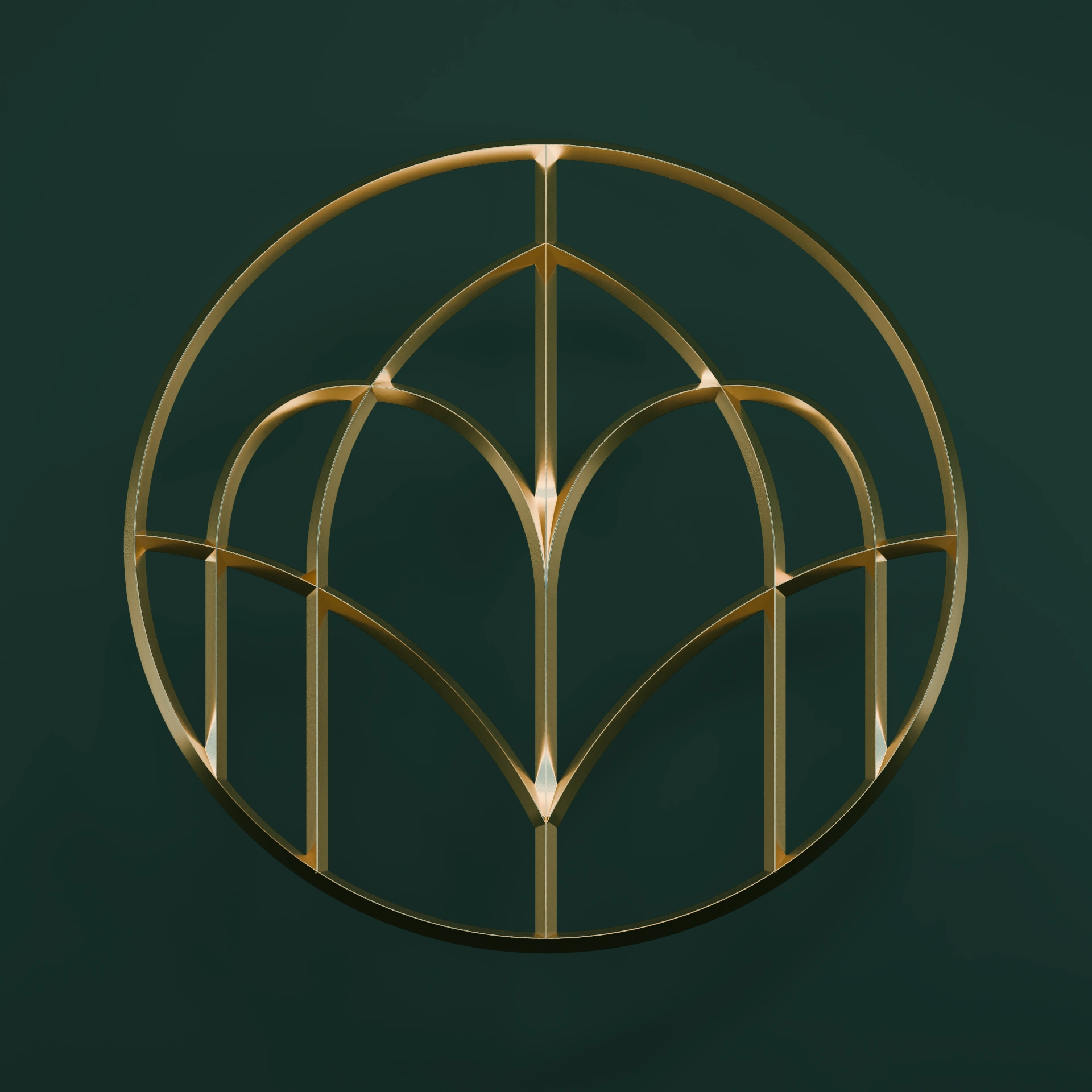 Mailroom brass emblem with a soft cast shadow